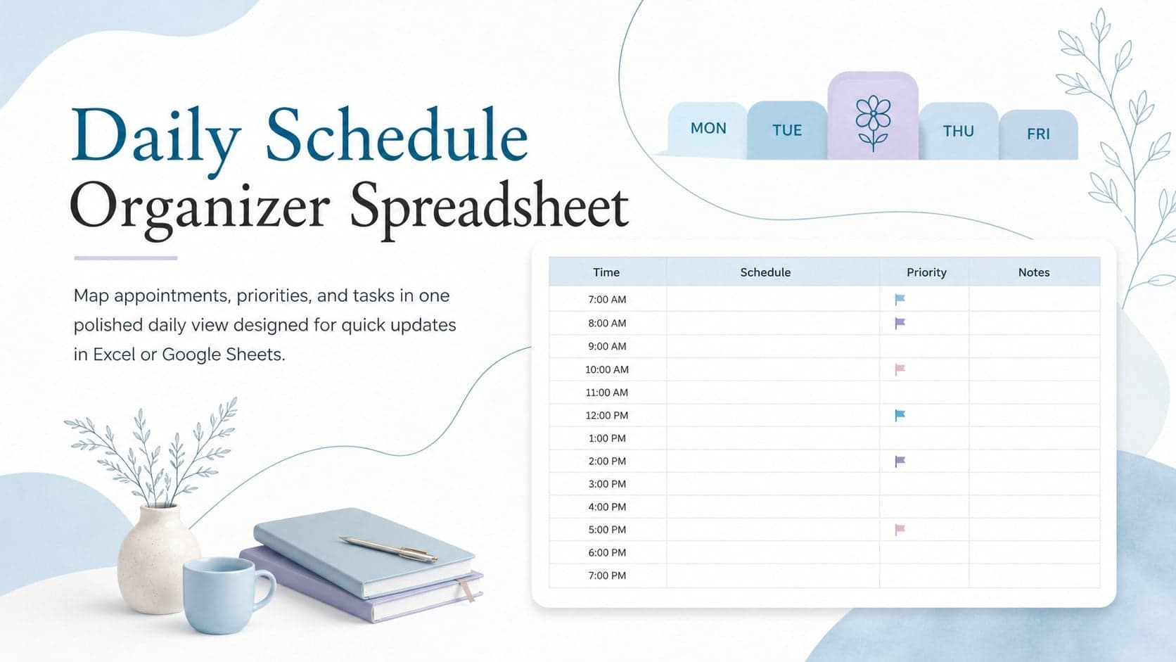 Cover preview for a Daily Schedule Organizer Spreadsheet in pastel blue and violet with an elegant modern layout.