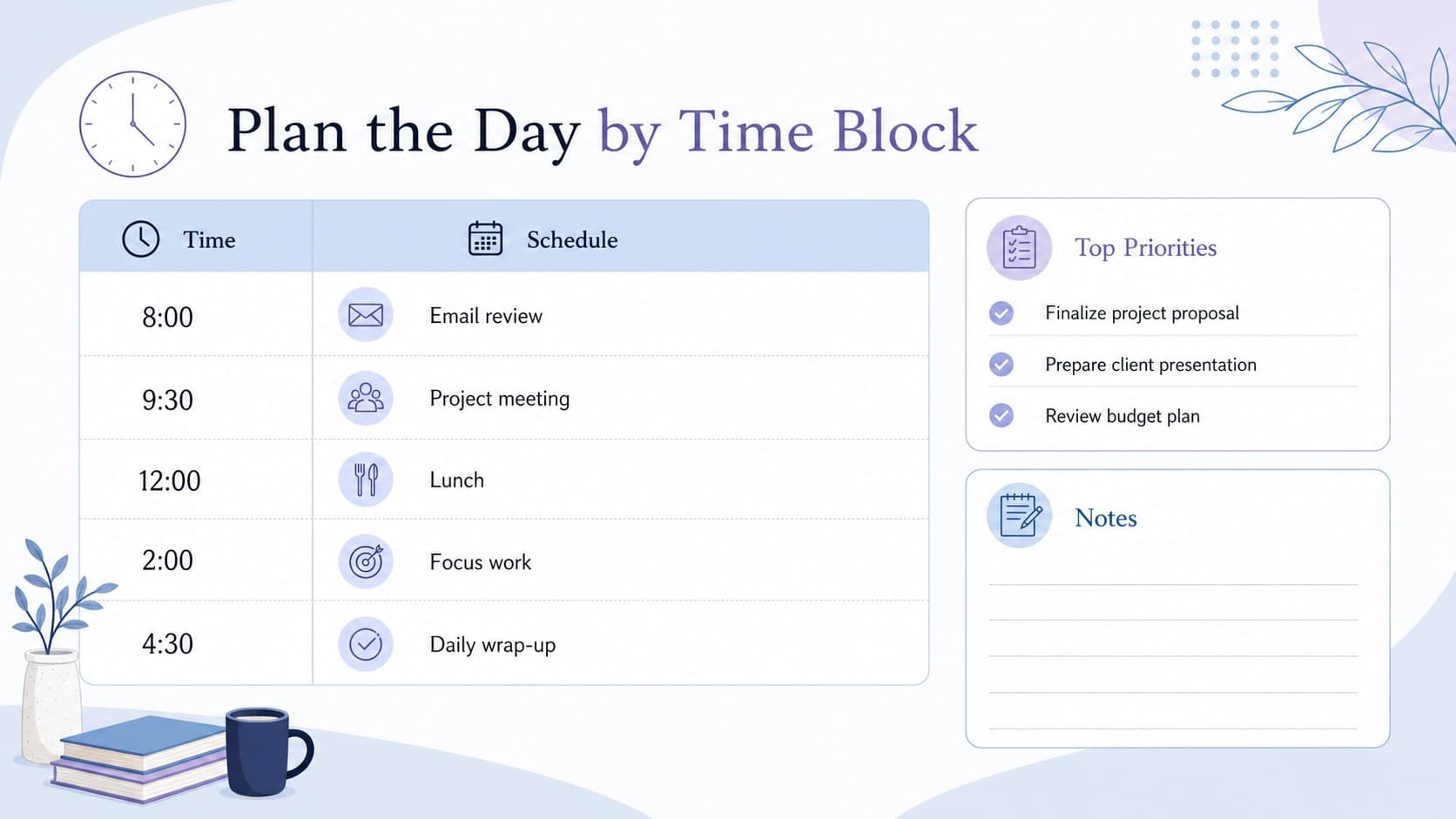 Pastel hourly day planner spreadsheet with time slots, appointments, priorities, and notes arranged in a clear daily view.