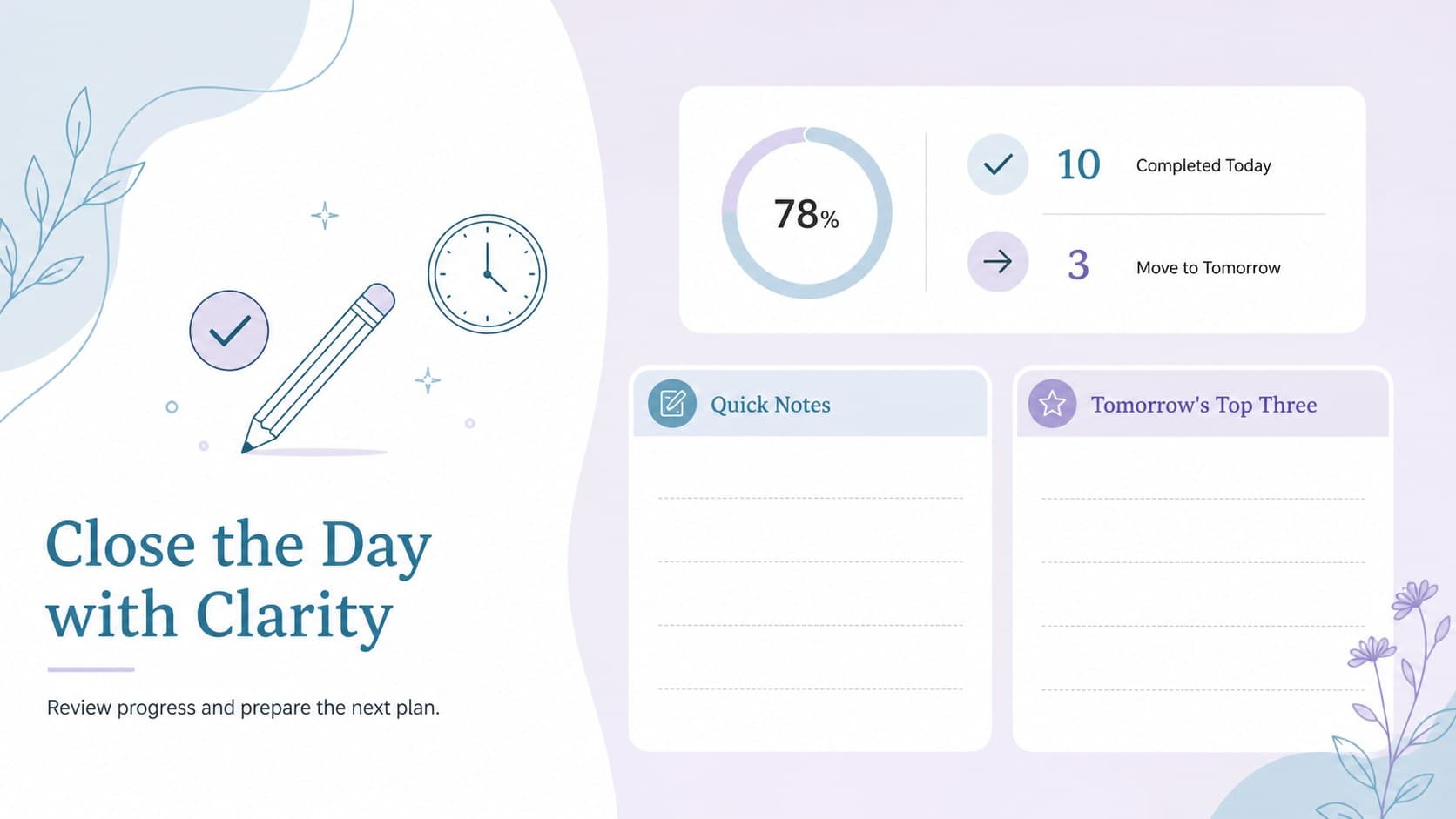 Reusable daily agenda spreadsheet summary with completed tasks, moved items, notes, and tomorrow's priorities.