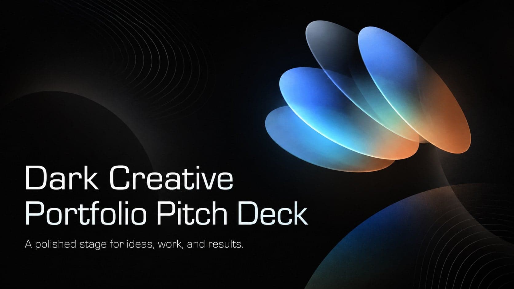 Cover of a dark creative portfolio pitch deck with a black gradient background and bold geometric accents.