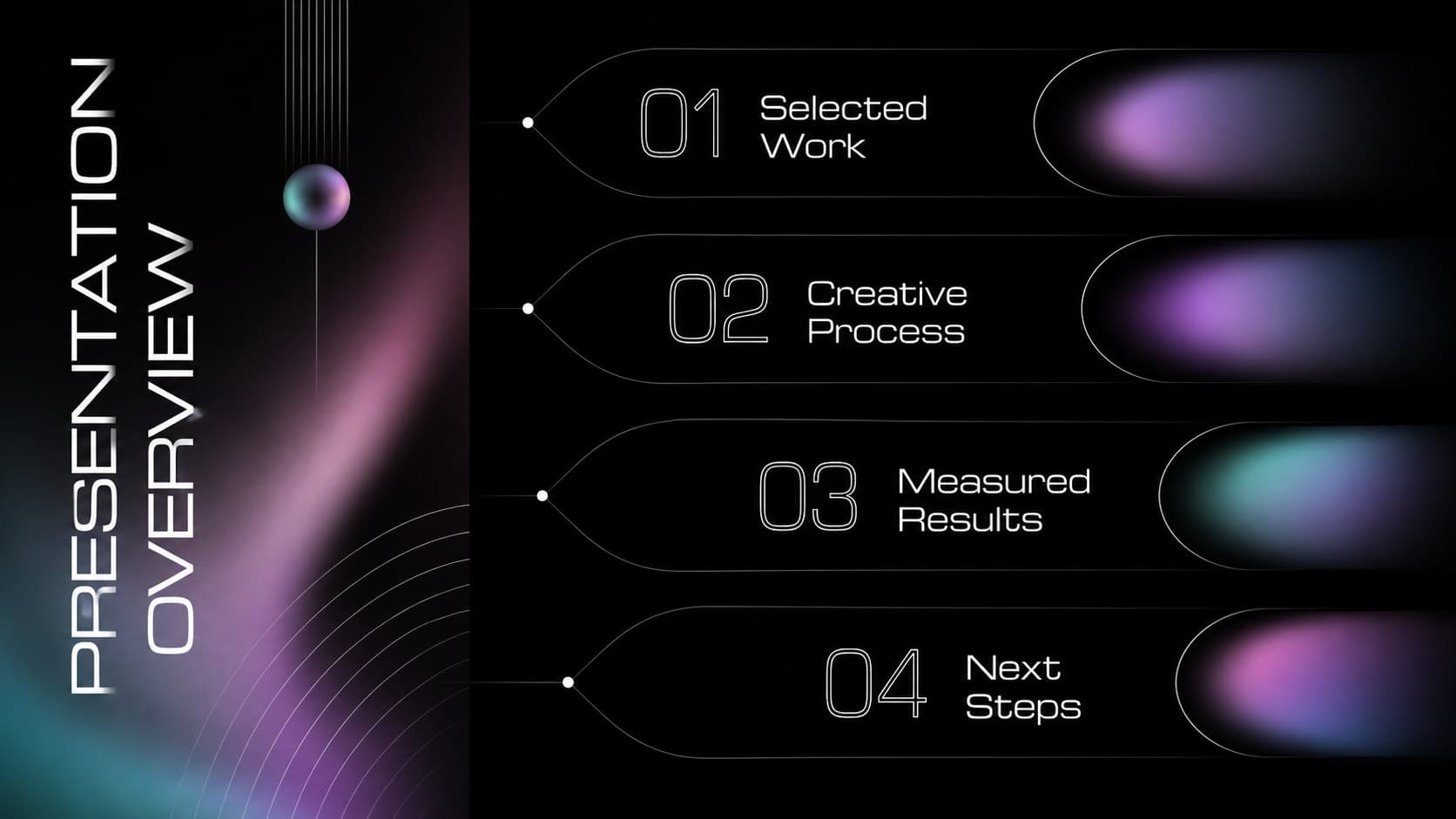 Dark portfolio presentation agenda outlining work, process, results, and next steps.