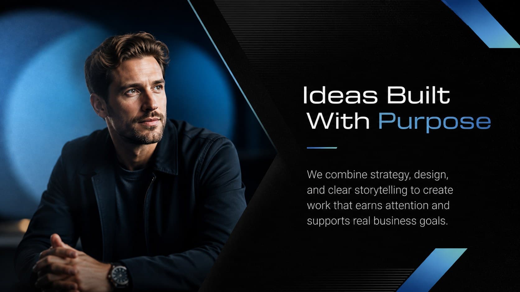 Graphic design portfolio slide introducing a creative studio and its strategic approach.