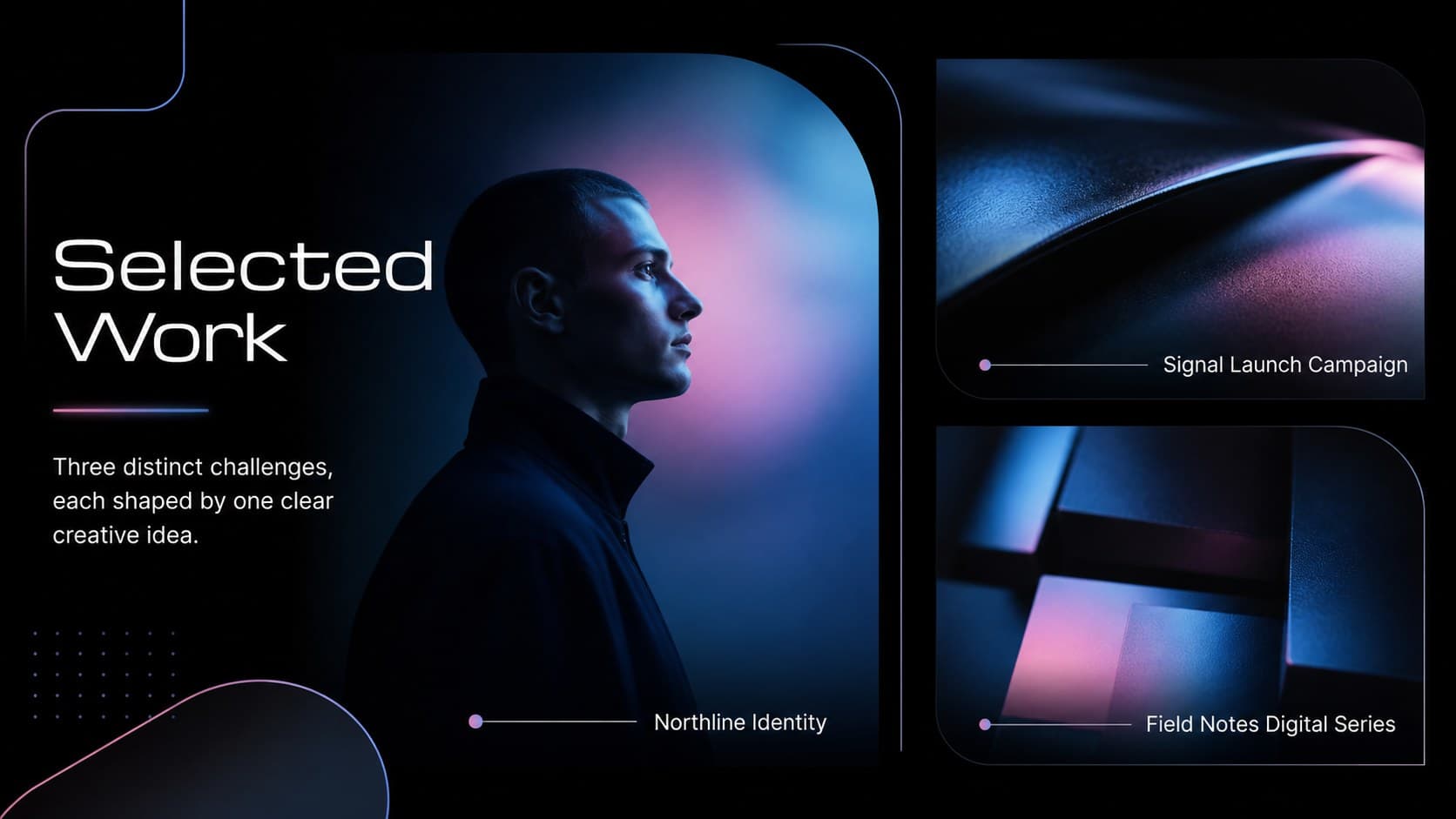 Dark creative portfolio slide displaying three selected branding and campaign projects.