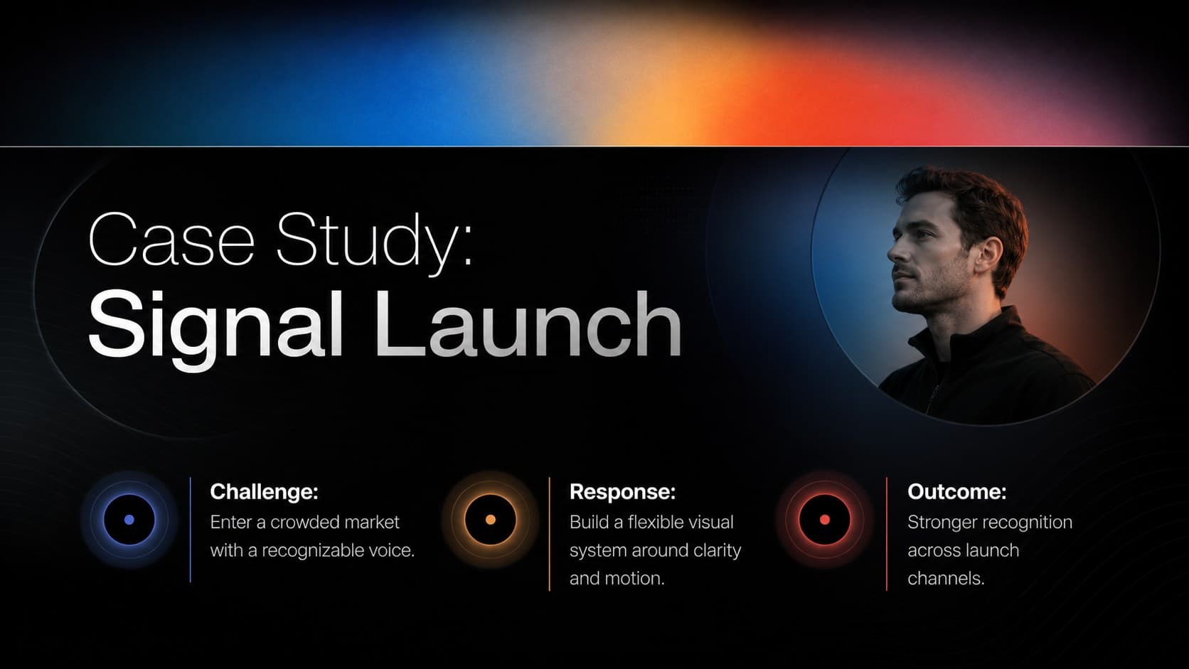 Creative case study presentation slide describing a brand launch challenge, solution, and outcome.