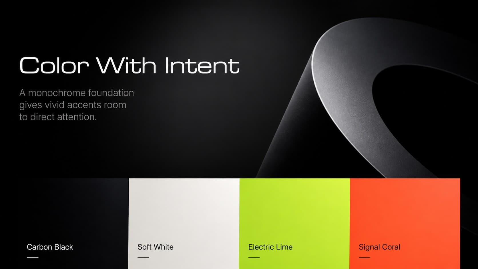 Minimal black project showcase slide featuring a monochrome palette with vivid accent colors.