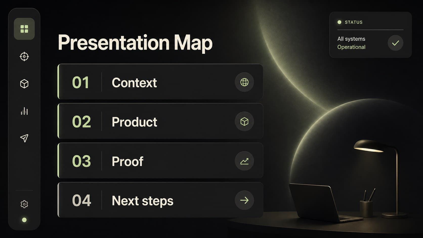 Agenda slide organizing a dark desktop interface pitch deck into focused presentation sections.