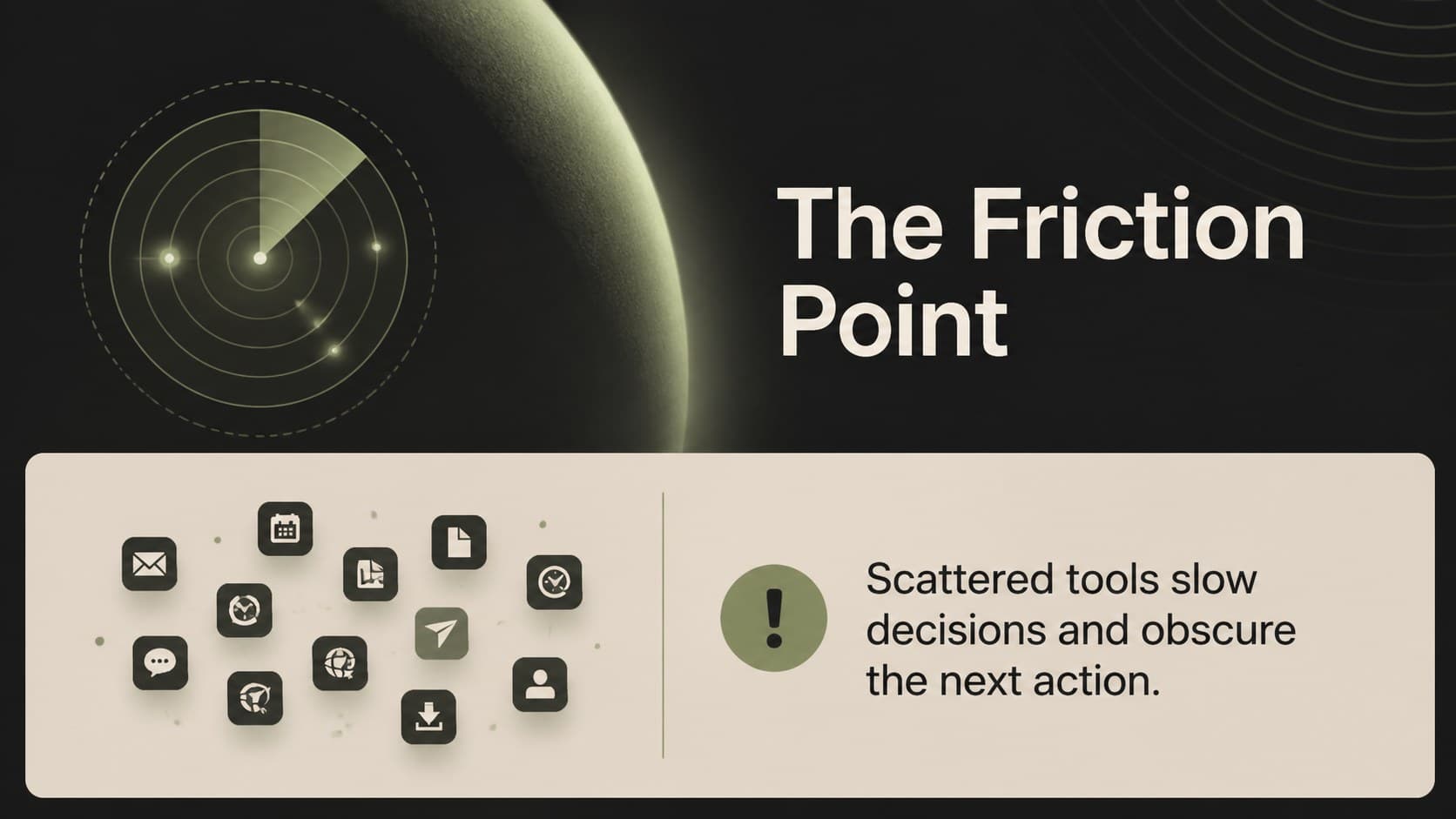 Problem framing slide showing an interface-style content panel for a software presentation.