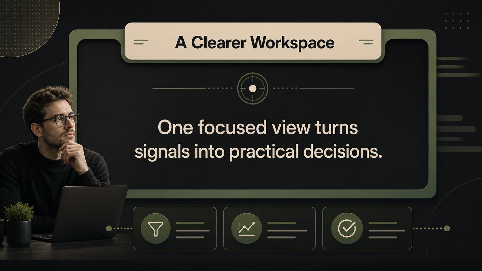 Solution slide presenting a streamlined digital workspace in a dark desktop interface pitch deck.