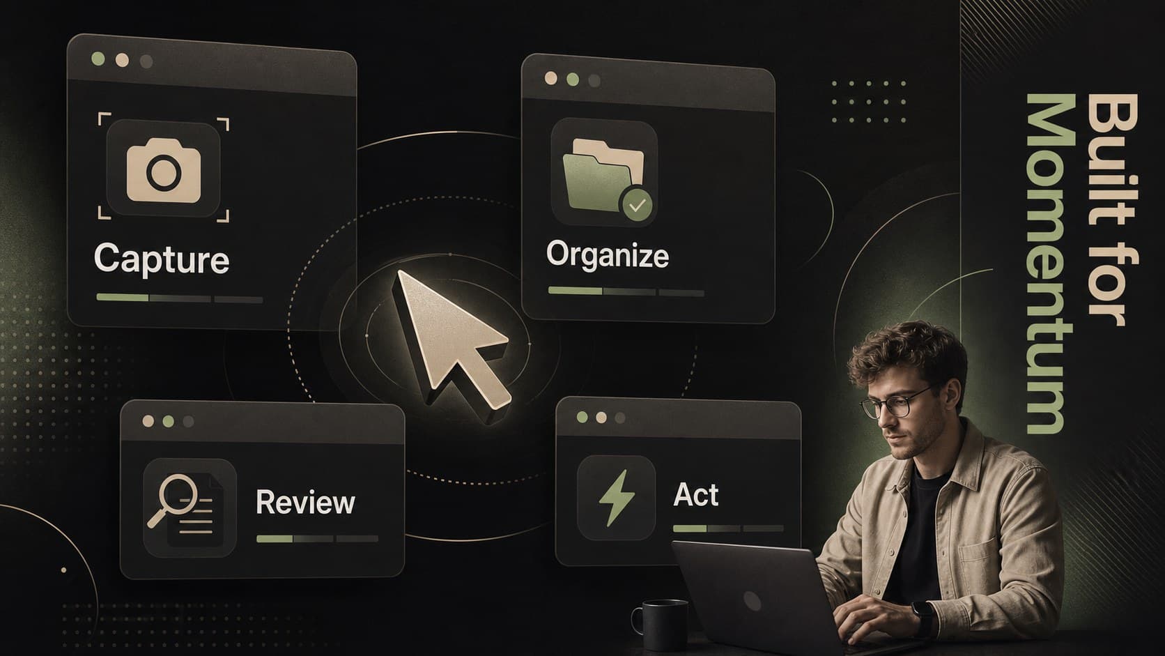 Feature overview slide with modular beige and green interface cards for a technology pitch.
