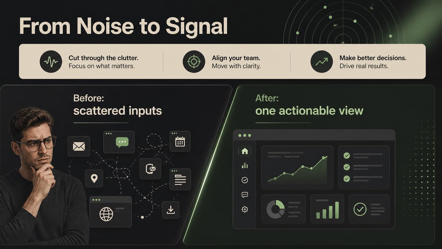 Product feature comparison slide using dark panels and green emphasis for a software demo deck.