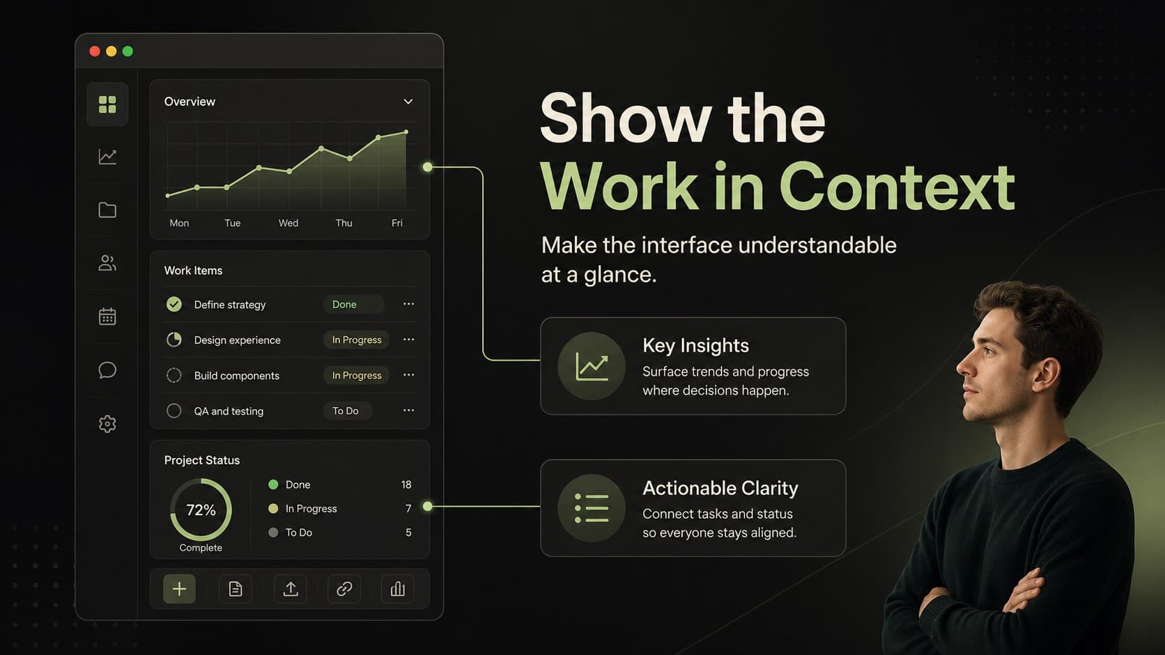 Screenshot showcase slide with a framed product view for a modern software presentation.