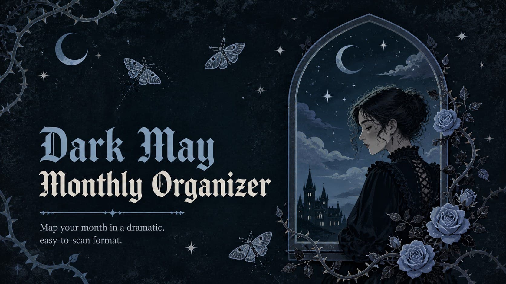 Cover of the Dark May Monthly Organizer with ornate gothic illustrations in black and pastel blue.