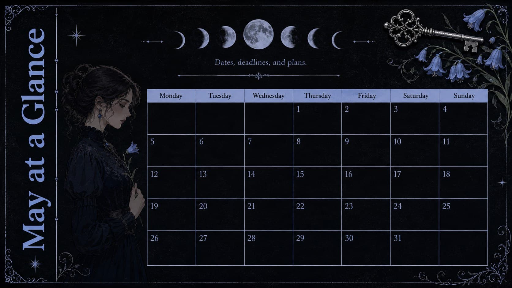 Dark monthly calendar slide for May with a full date grid and gothic celestial accents.