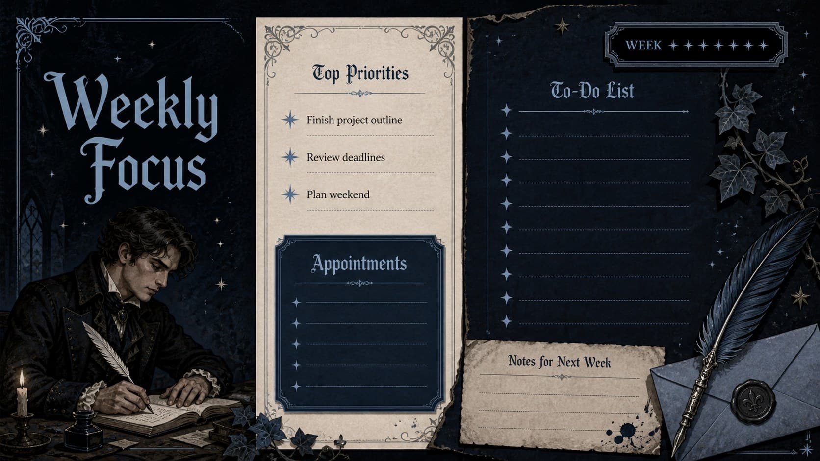 Gothic May planner template showing weekly priorities, appointments, and a task checklist.