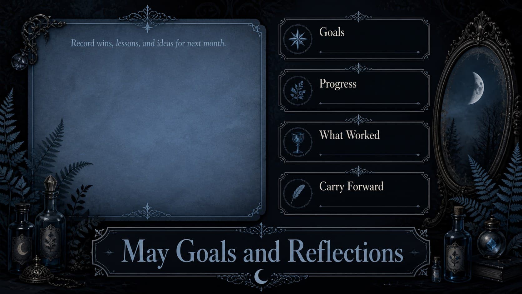 Moody spring planning slide with May goals, notes, and a monthly reflection area.