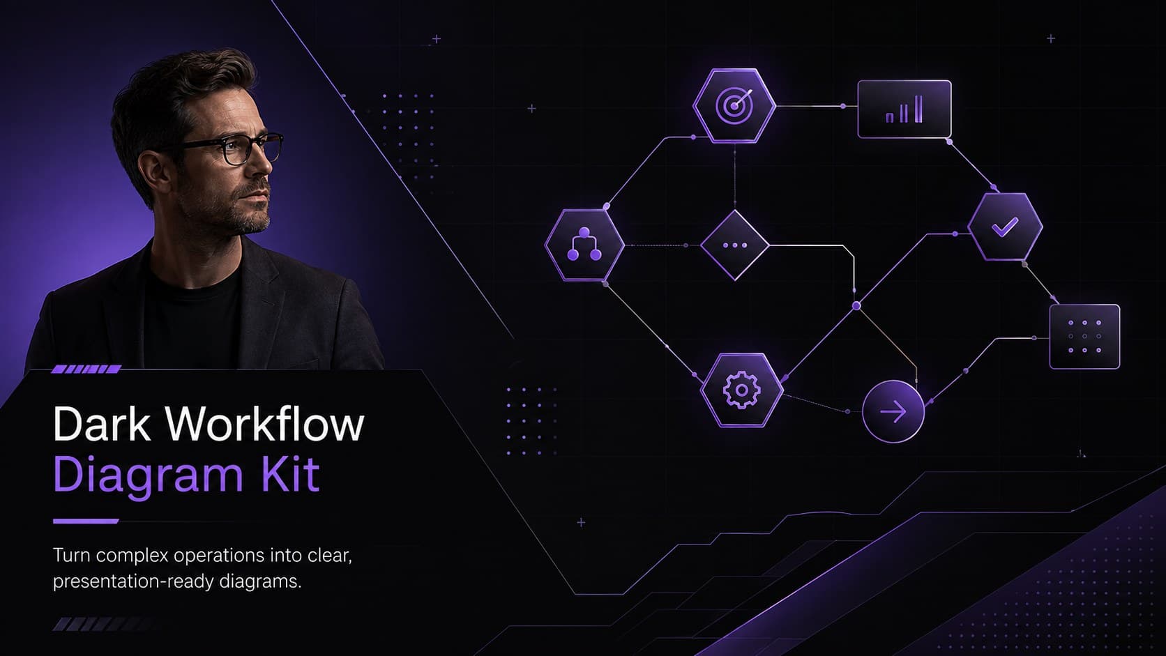Cover of a dark workflow diagram kit with purple process graphics on a black corporate background.