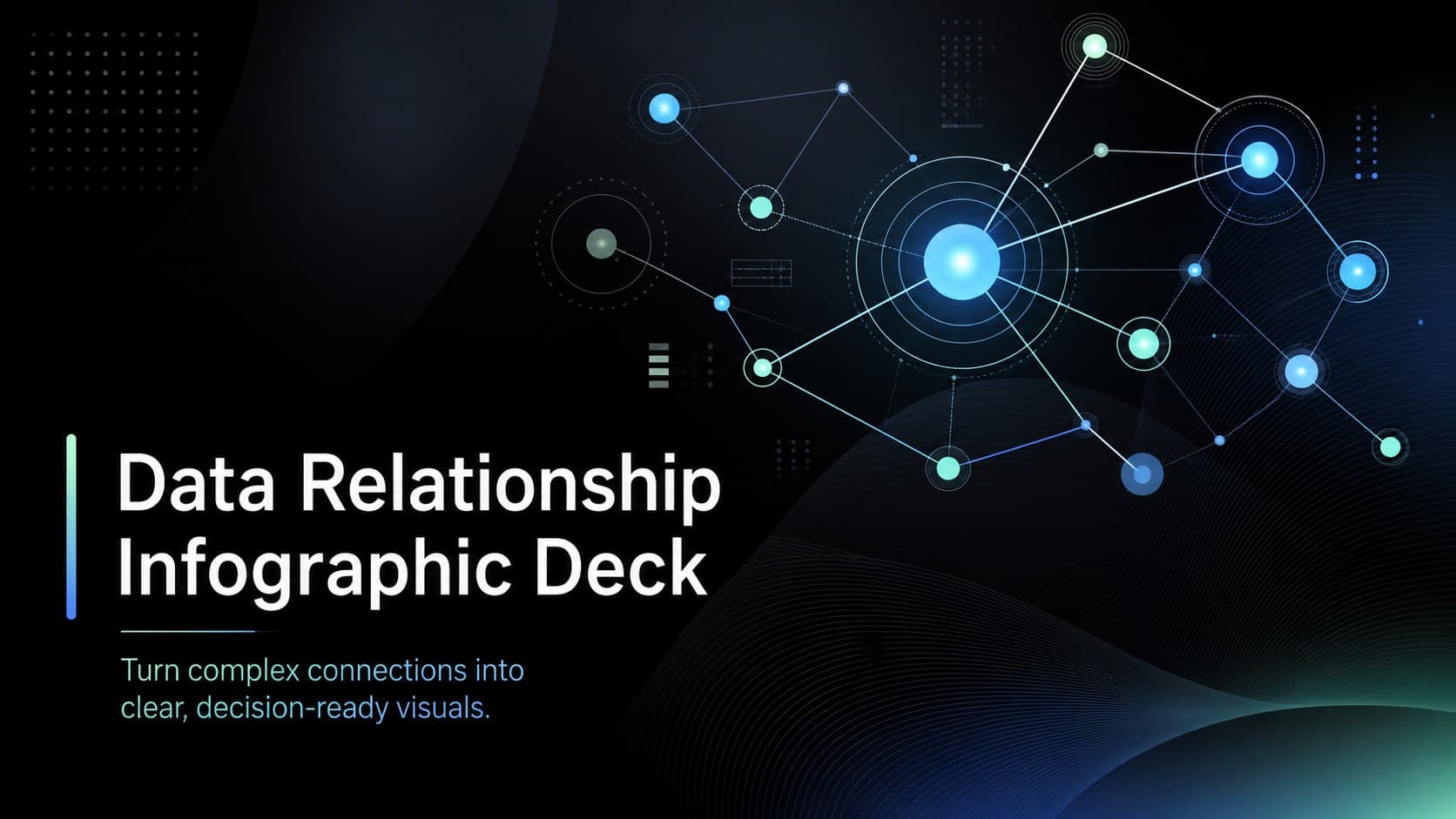 Cover of a data relationship infographic deck with connected geometric nodes on a sleek black gradient background.