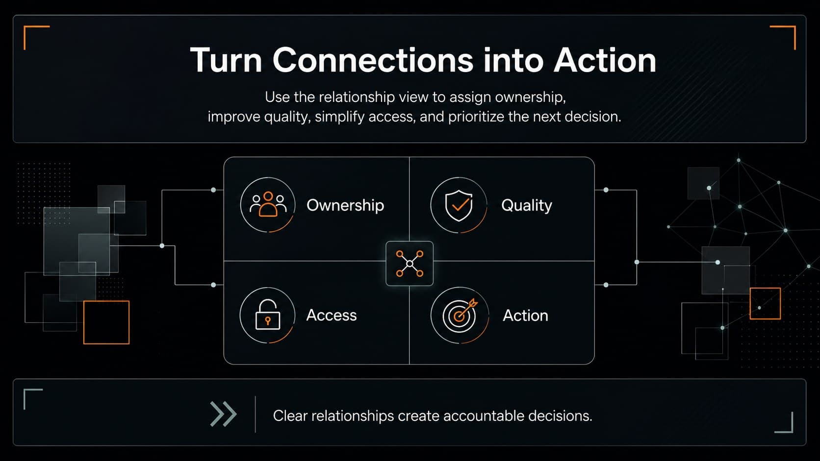 Black gradient data architecture summary slide presenting ownership, quality, access, and action priorities.
