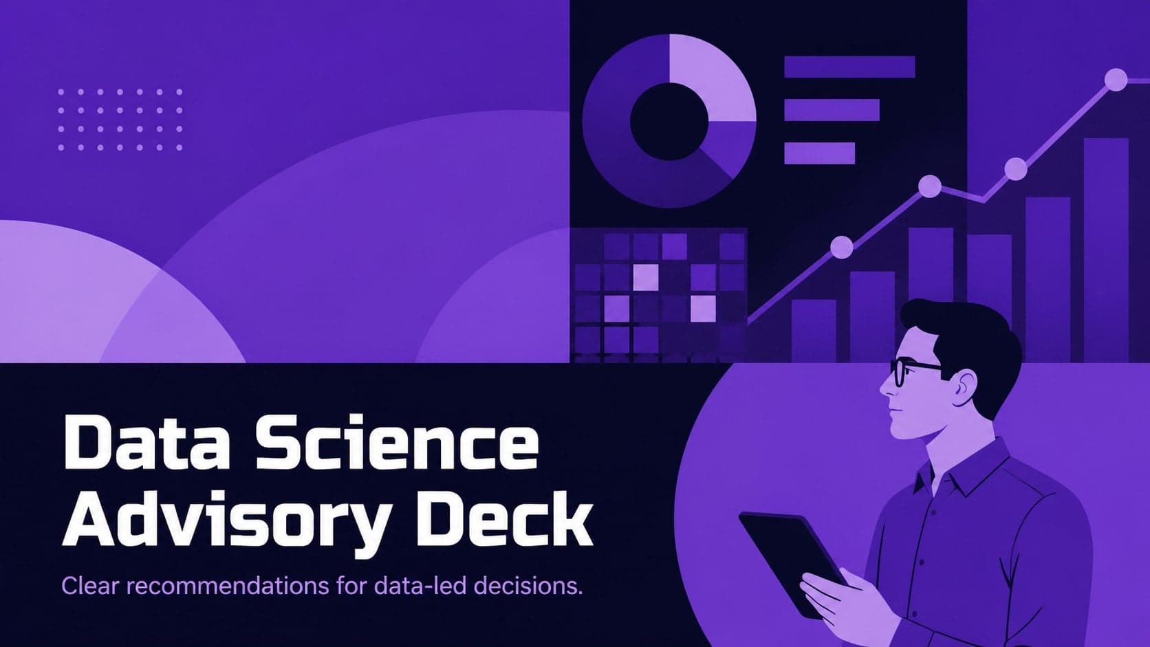 Cover slide for a data science advisory deck with bold violet and blue geometric graphics.