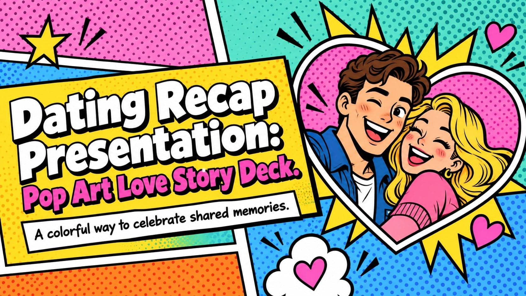 Cover slide for a dating recap presentation with colorful pop art graphics and a bold love story title.