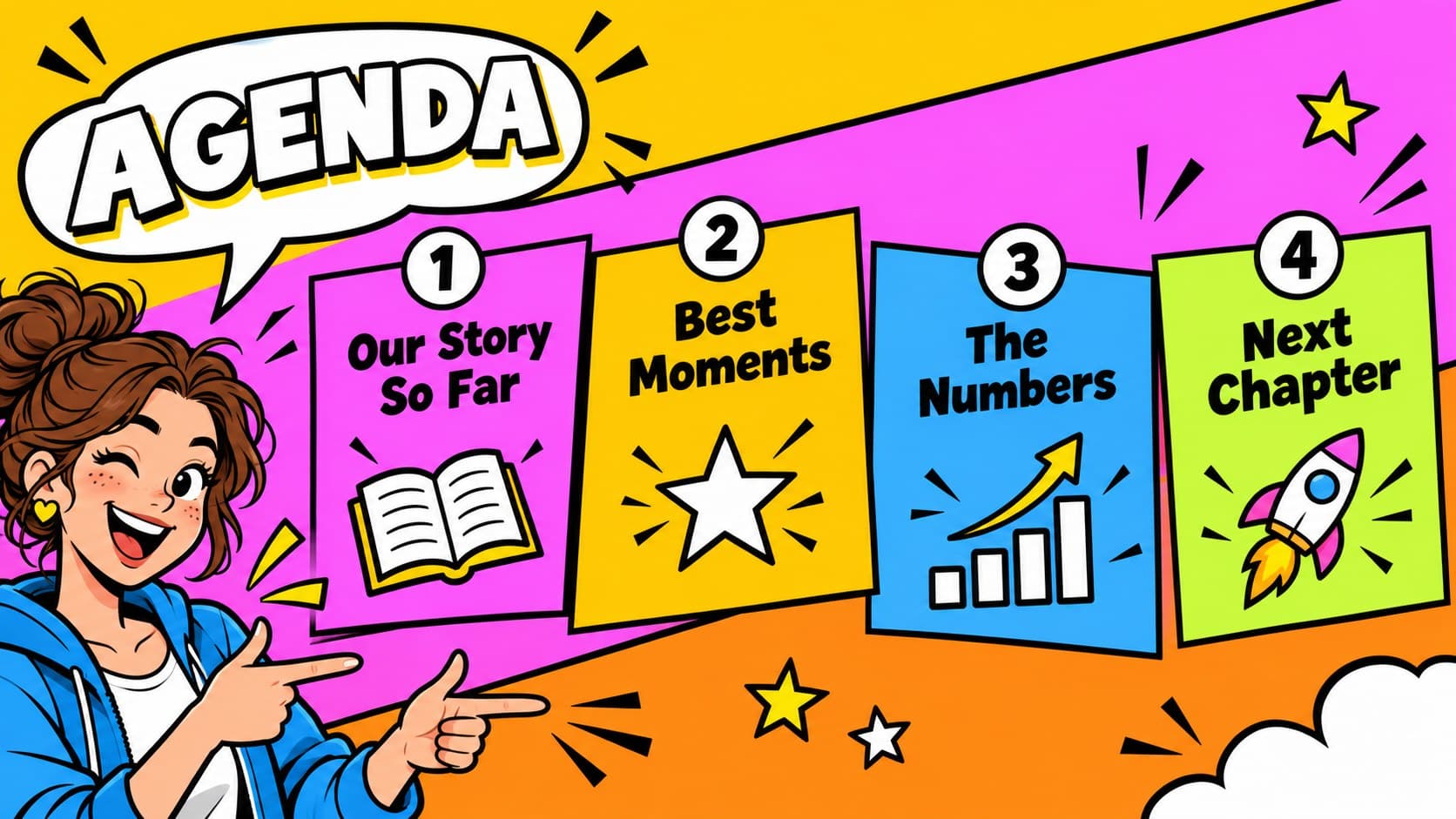 Agenda slide outlining the sections of a colorful relationship year in review presentation.