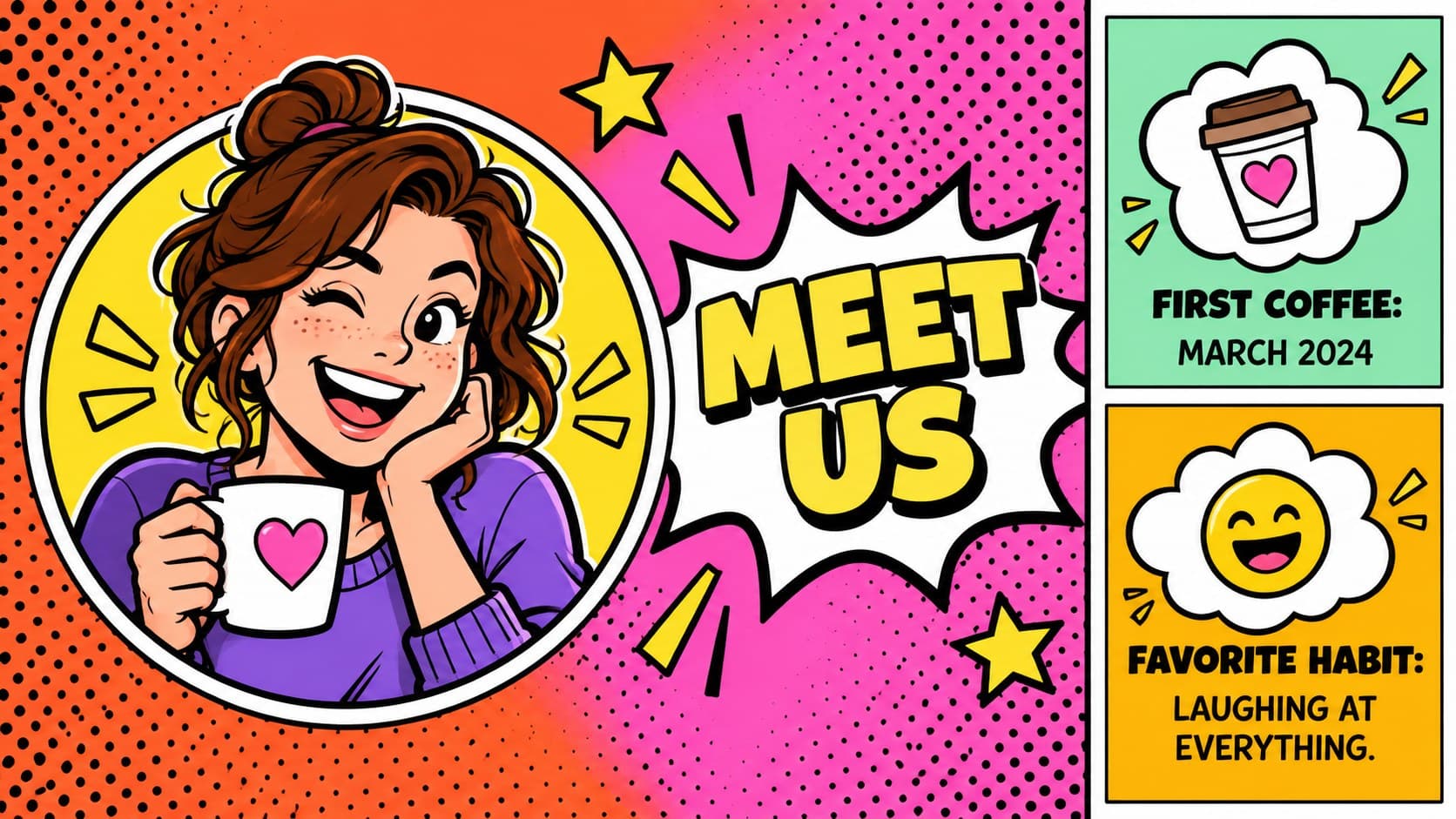 Introduction slide presenting a playful couple profile for a pop art love story slideshow.