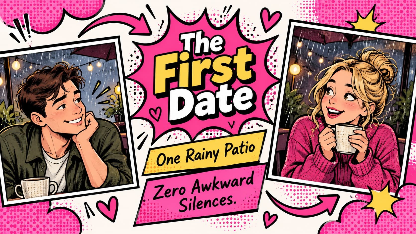 First-date story slide with photo placeholders and comic captions for a couples milestone presentation.