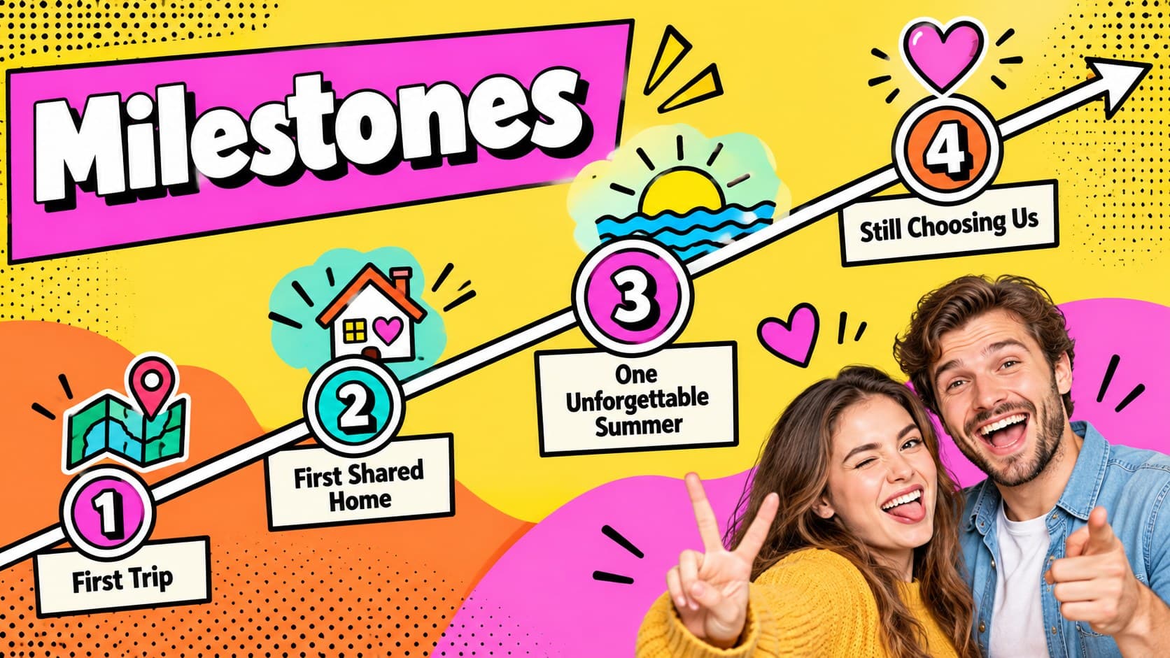 Relationship milestones timeline showing key dates in a bright dating recap presentation.