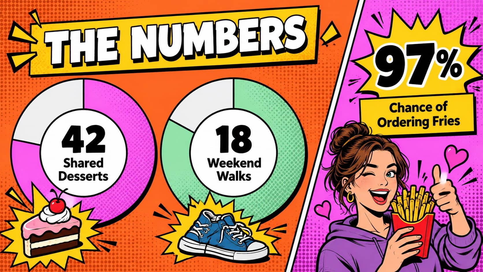 Funny dating statistics slide with bold charts and colorful comic labels.