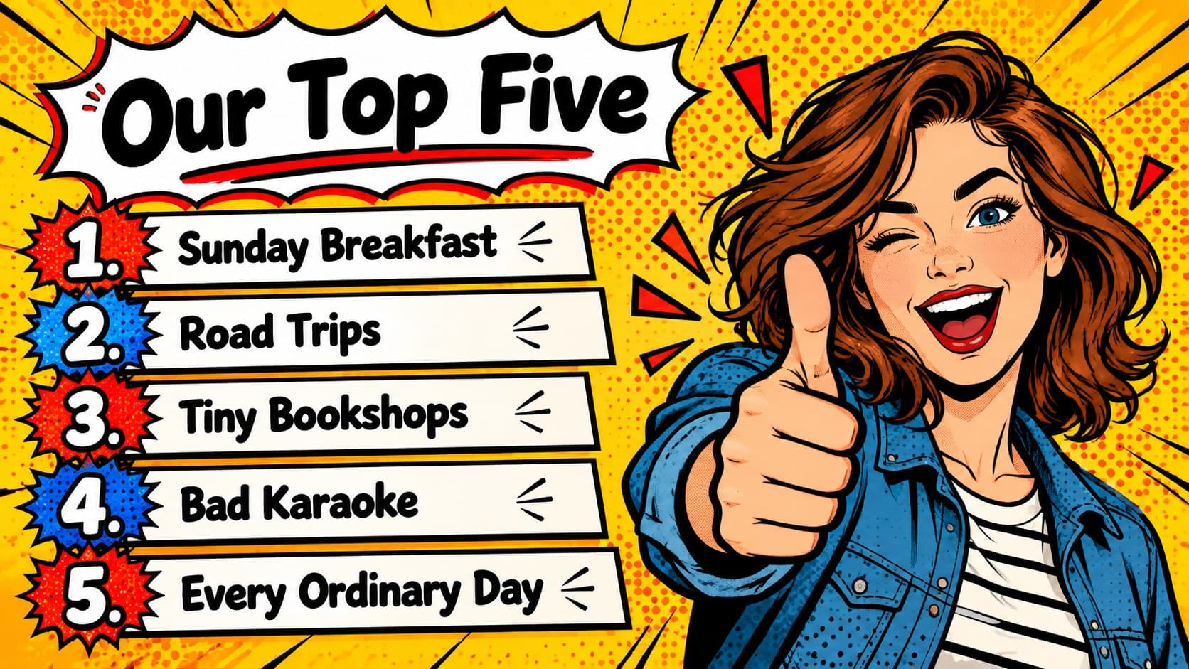 Top-five favorites slide featuring playful rankings for a relationship year in review slides deck.