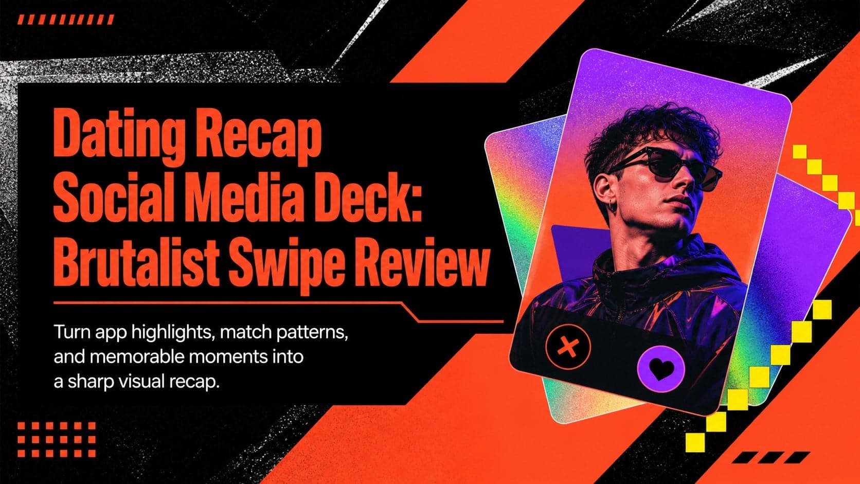 Cover for a dating recap social media deck with bold orange typography, black geometric accents, and swipe-inspired graphics.