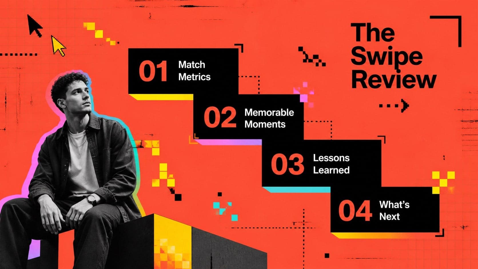 Orange-and-black swipe review agenda outlining metrics, moments, lessons, and next steps.
