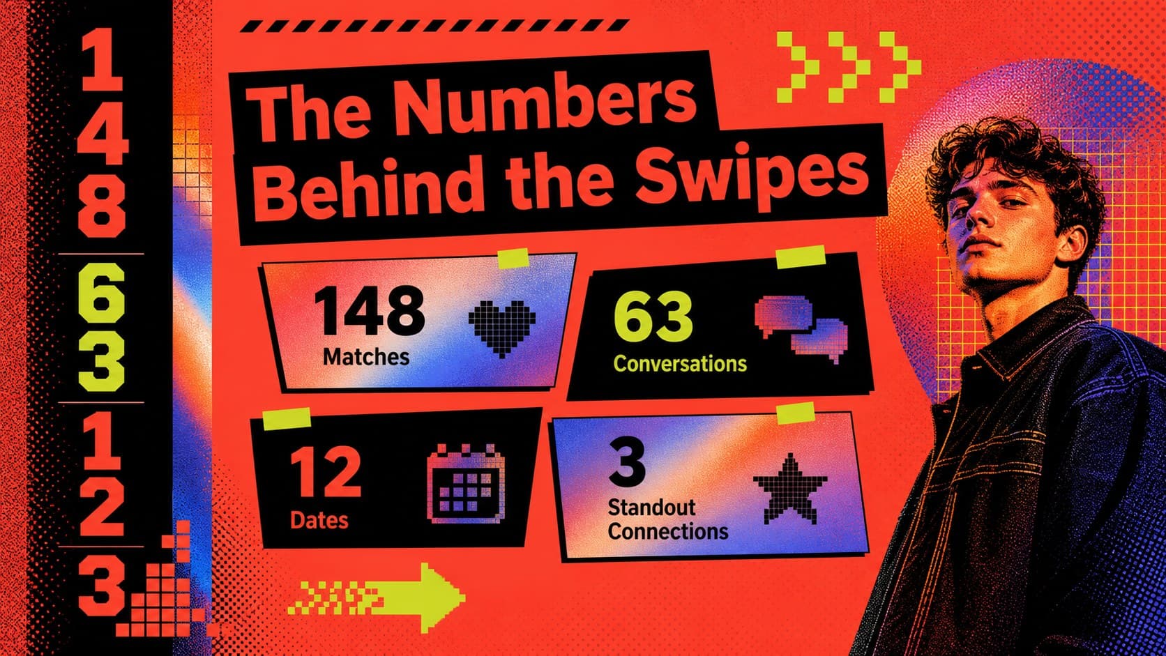 Dating app year in review presentation dashboard showing matches, conversations, dates, and standout connections.