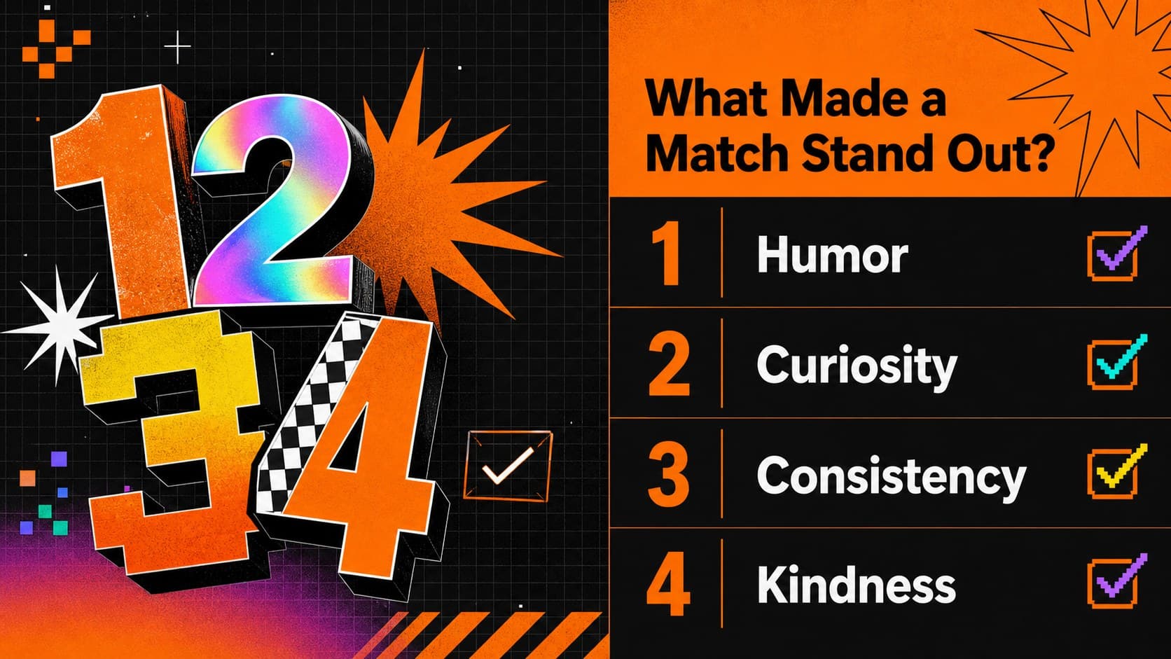Social media dating recap template highlighting humor, curiosity, consistency, and kindness as top match qualities.
