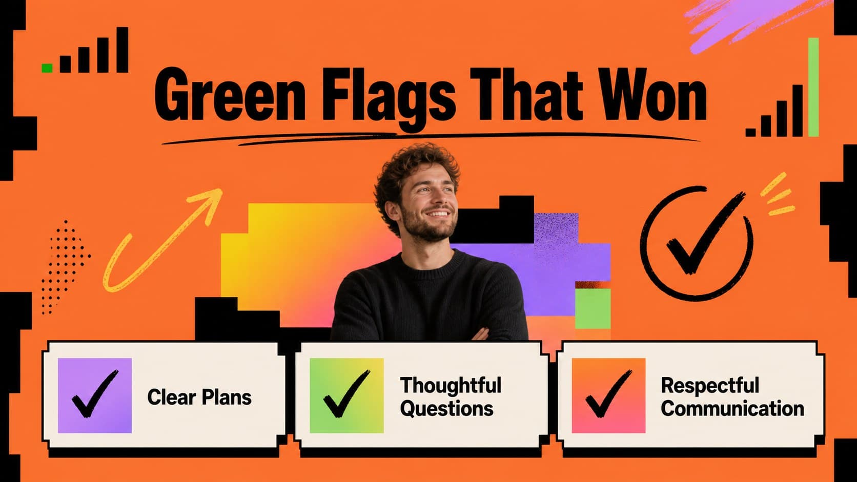 Orange brutalist slide listing dating green flags such as clear plans, thoughtful questions, and respectful communication.