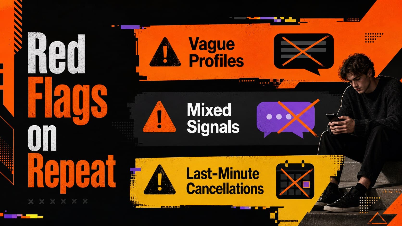 Black-and-orange dating trends slide identifying vague profiles, mixed signals, and repeated cancellations as red flags.