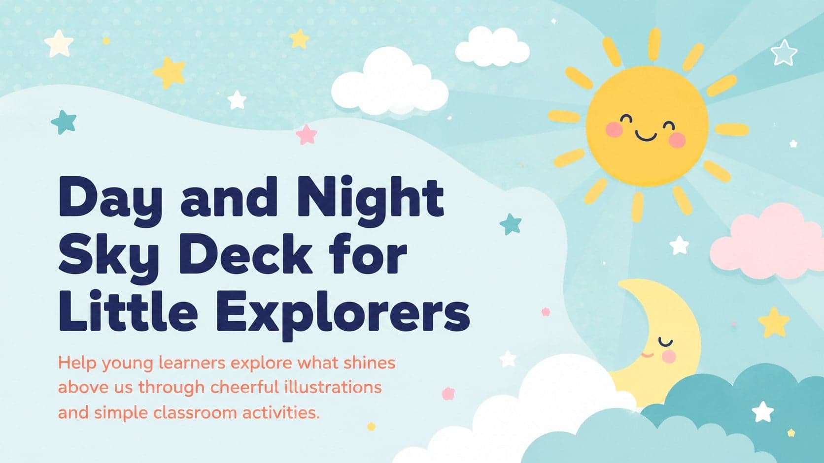Cover of a colorful day and night sky deck with playful sun, moon, star, and cloud illustrations.