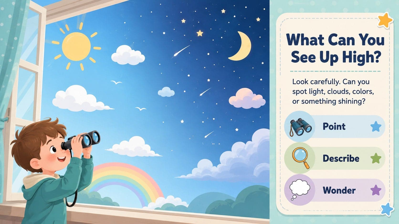 Preschool sky observation slide inviting children to notice colors, light, clouds, and objects overhead.