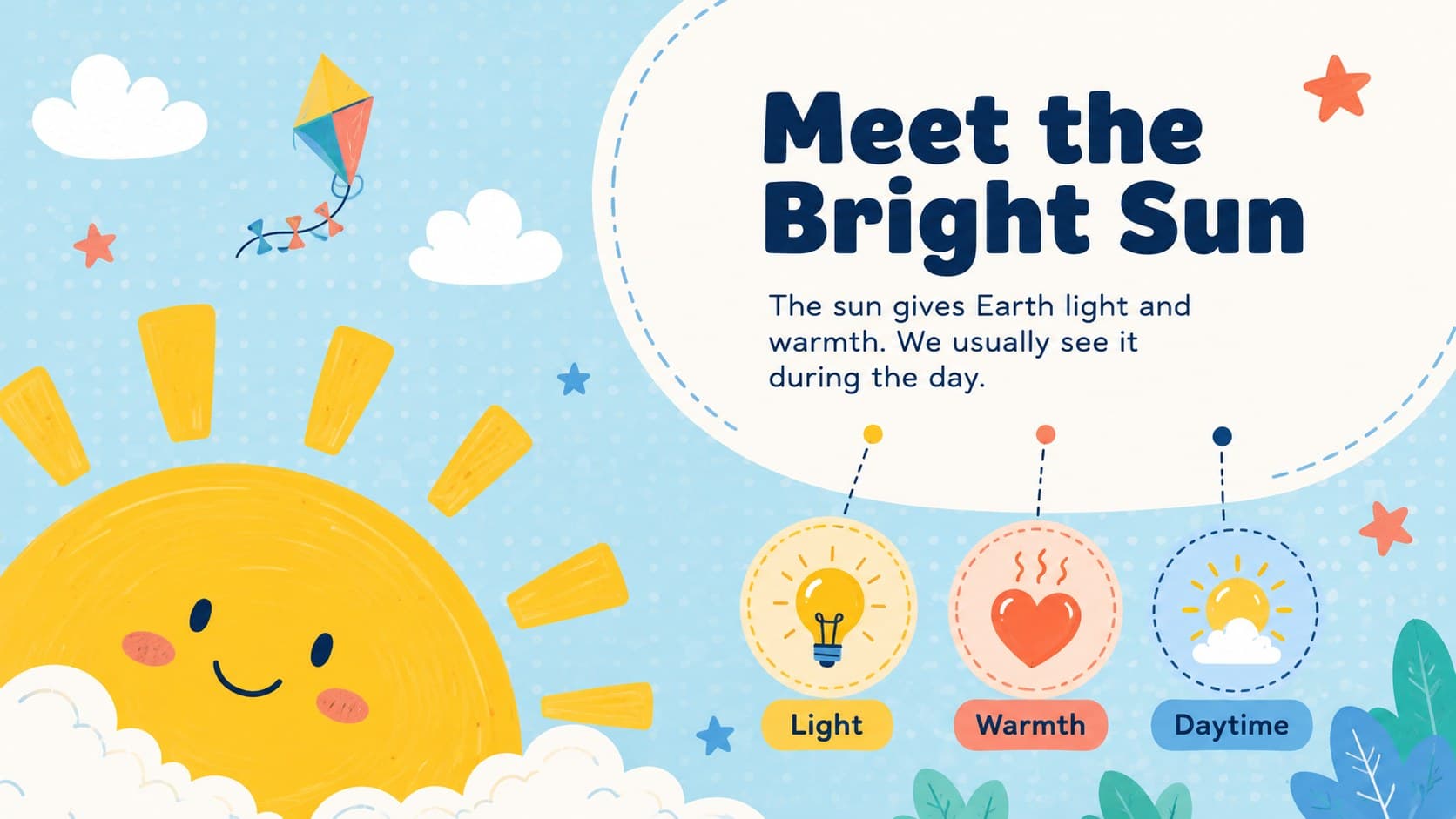Illustrated preschool science slide explaining how the sun provides daylight and warmth.