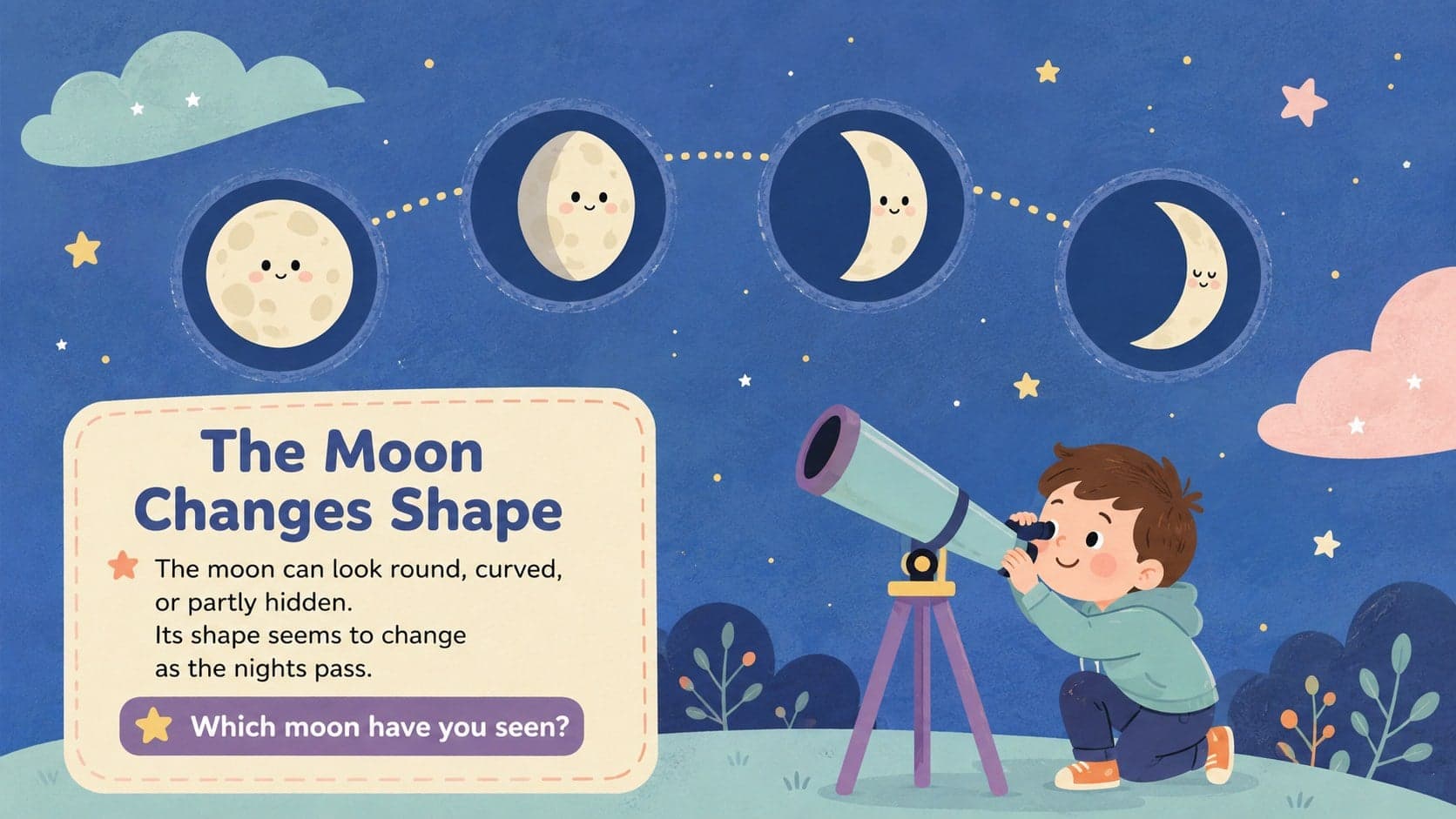Pastel moon phase introduction slide for an early years astronomy presentation.