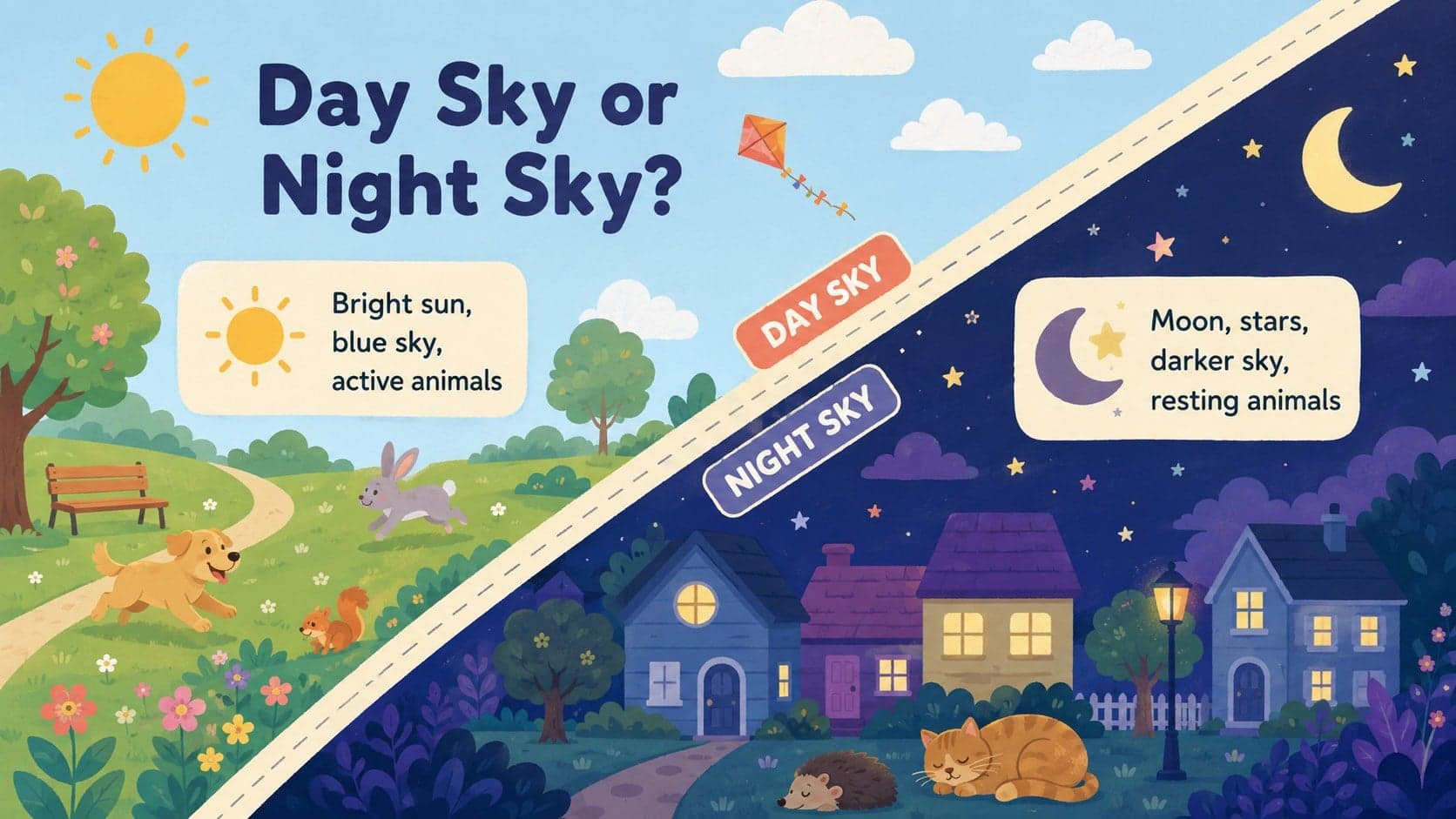 Daytime and nighttime comparison slide with sunlit and moonlit scenes for preschool learners.