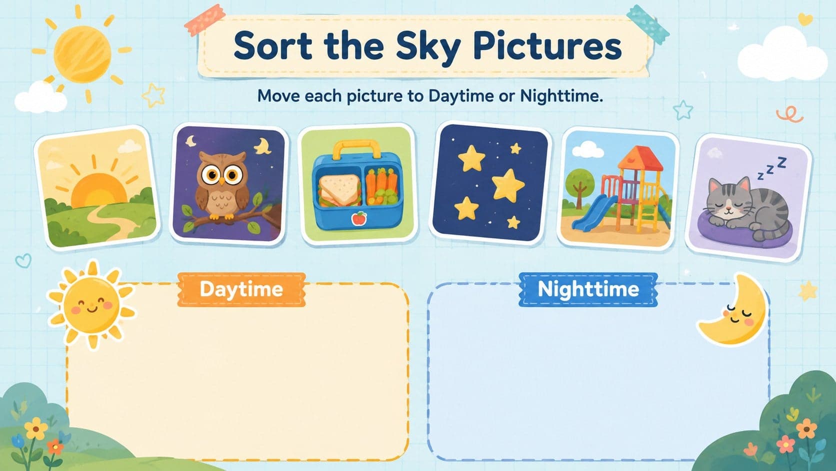 Daytime and nighttime sorting activity with illustrated picture tiles for a preschool science lesson.