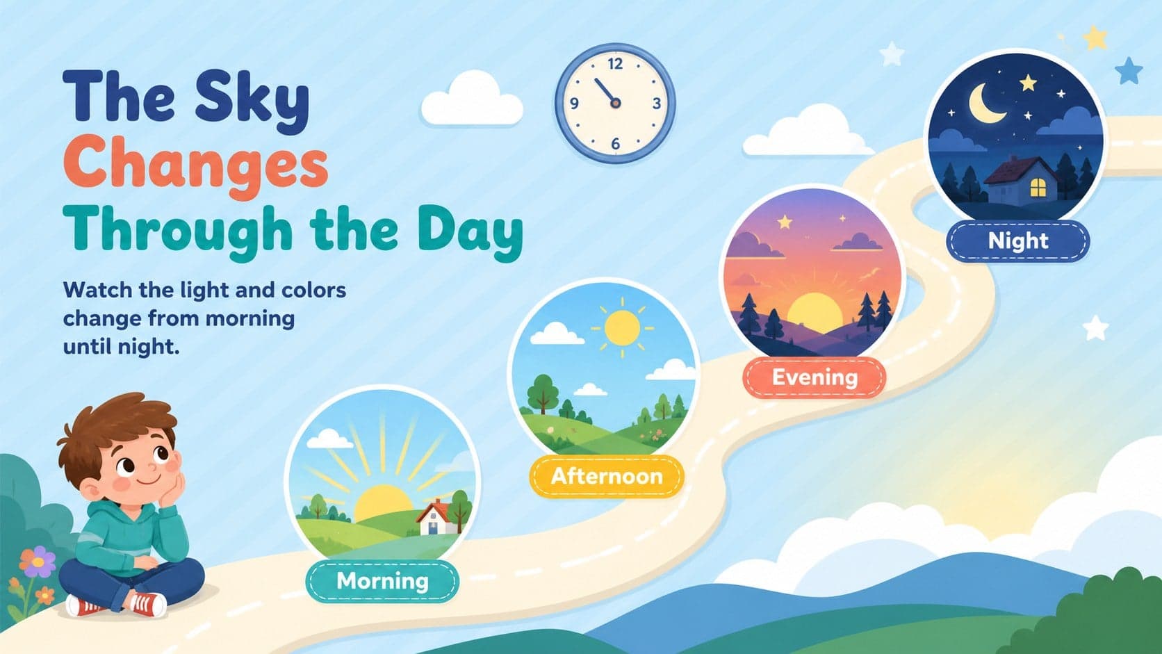 Simple illustrated sequence showing morning, afternoon, evening, and night for young learners.