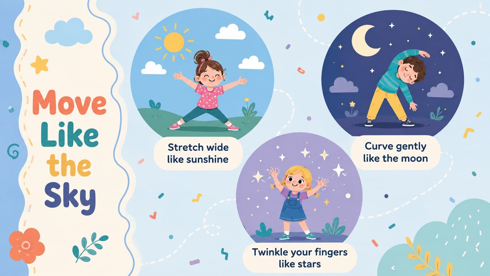 Preschool movement break slide with original actions inspired by the sun, moon, and stars.