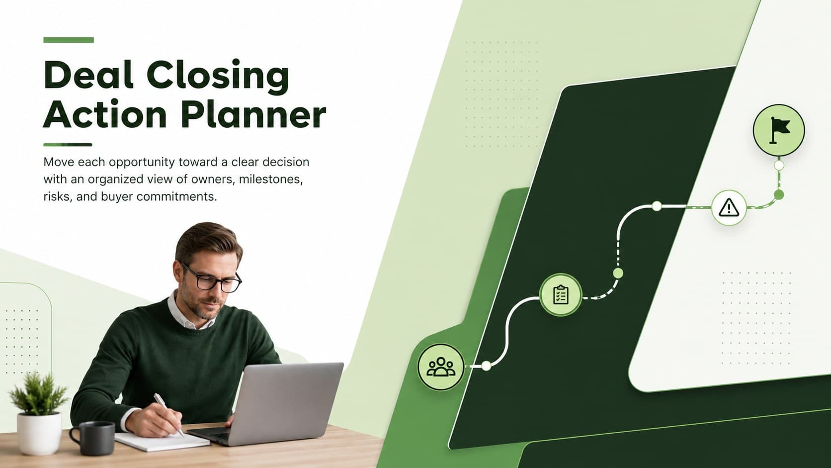 Modern green Deal Closing Action Planner cover for coordinating sales milestones, risks, and buyer commitments.