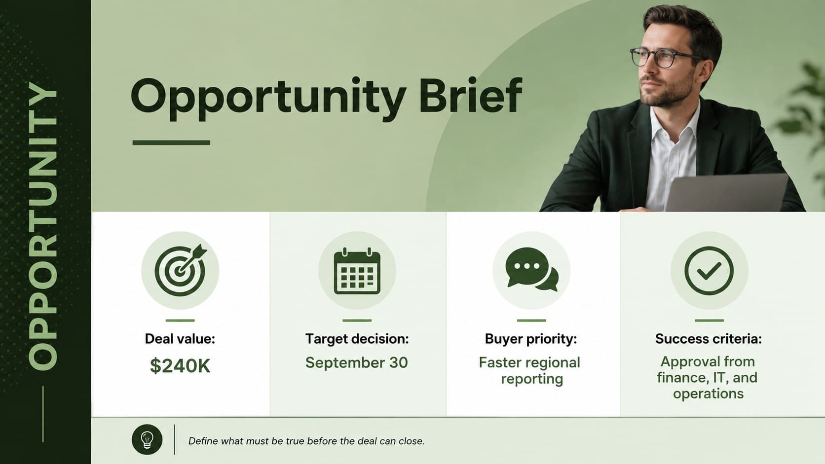 Sales opportunity close strategy slide summarizing deal value, decision date, buyer priorities, and success criteria.