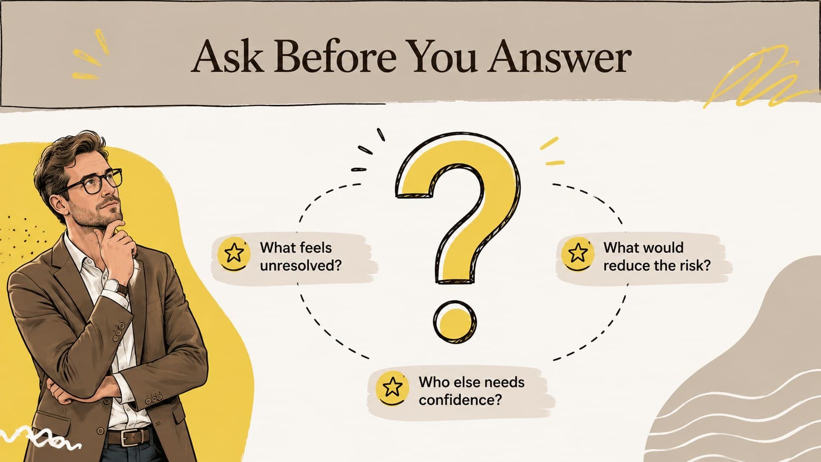 Sales coaching slide with diagnostic questions for understanding buyer concerns before responding.