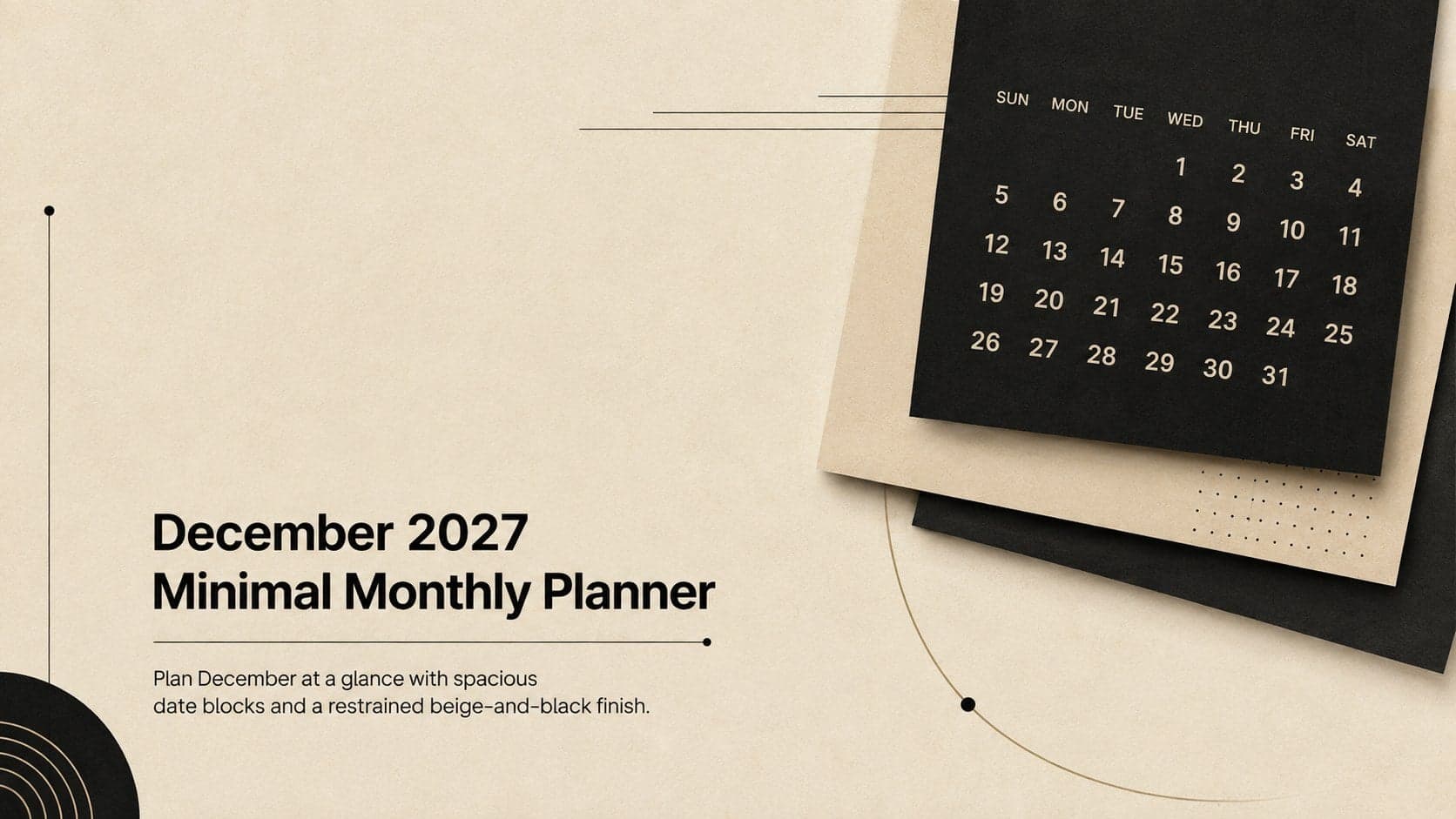 Cover for a December 2027 minimal monthly planner in a refined beige-and-black landscape design.