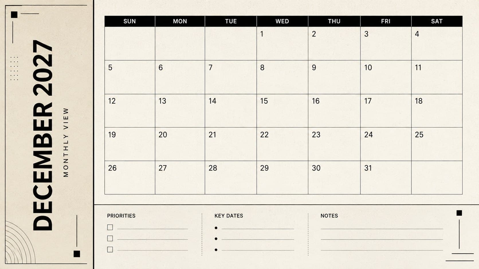 Dated December 2027 schedule template with a spacious monthly grid and beige-and-black styling.