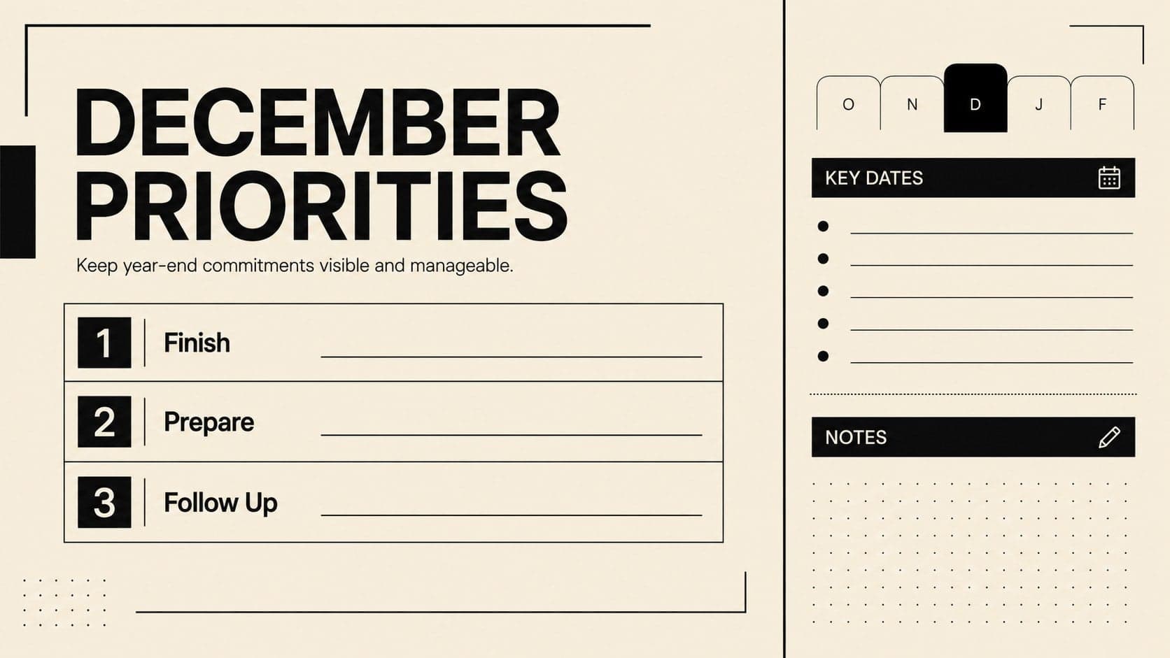 Year-end priorities page coordinating tasks, key dates, and notes for a landscape December 2027 planner.